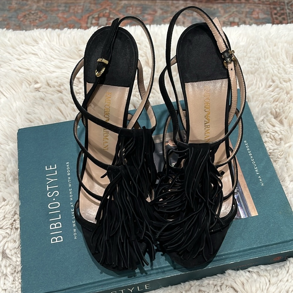 Emporio Armani | Black Suede Strappy Fringe Sandals